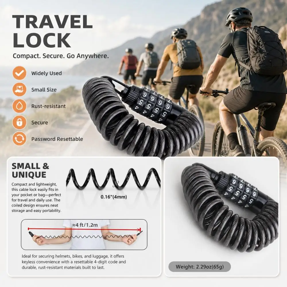 Bicycle 4 Digit Password Steel Wire Rope Lock Bike Steel Wire Chain Lock Motorcycle Anti-theft Code Helmet Lock Bike Accessories gallery 3