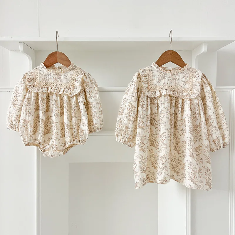 

2025 Spring Girls Cotton Floral Print Dress Matching Sister Clothes Korean Style Newborn Romper Toddler 0-24 Months