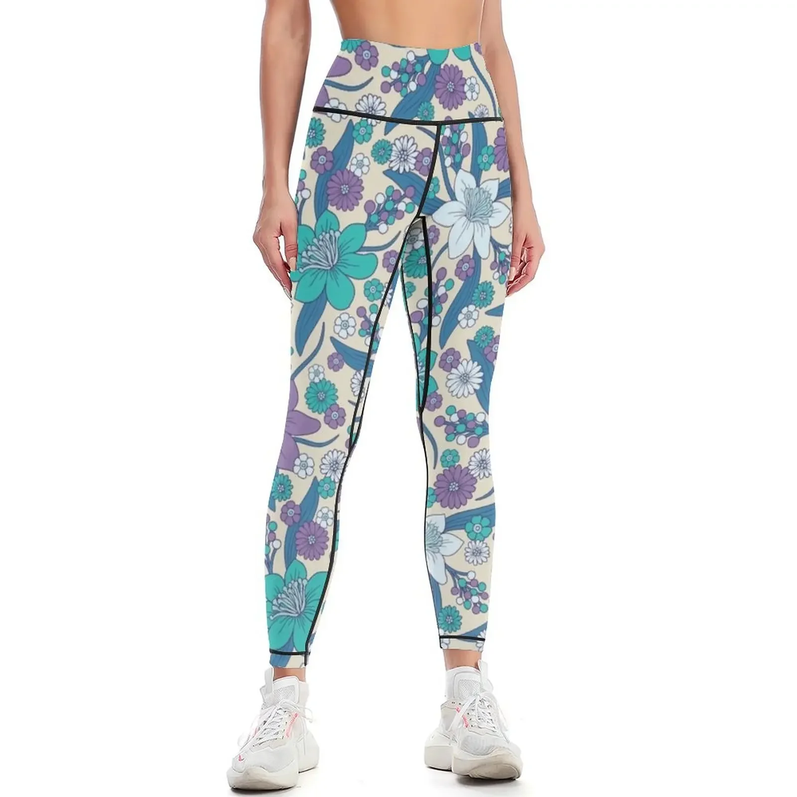 Purple, Teal & Blue 1970s Inspired Retro Floral Pattern Leggings gym top for physical Womens Leggings