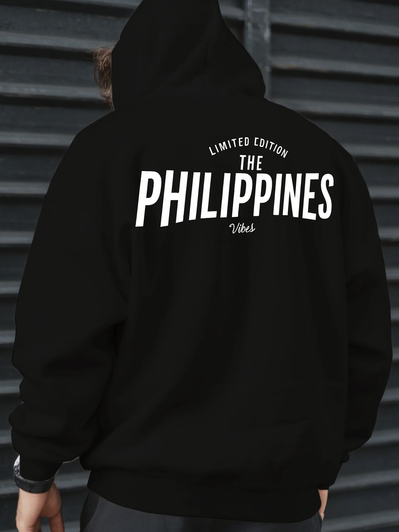 Fall/Winter Men's Philippine Trend Pattern Hooded Sweatshirt with Arc-shaped Letter Back Print for Casual Streetwear