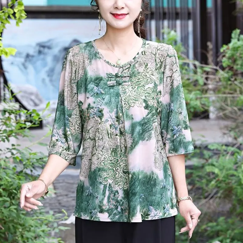 

Folk Natural Scenery Printed Blouse Female Clothing 3/4 Sleeve Summer O-Neck Vintage Fashion Chinese Disc Buckle Loose Shirt New