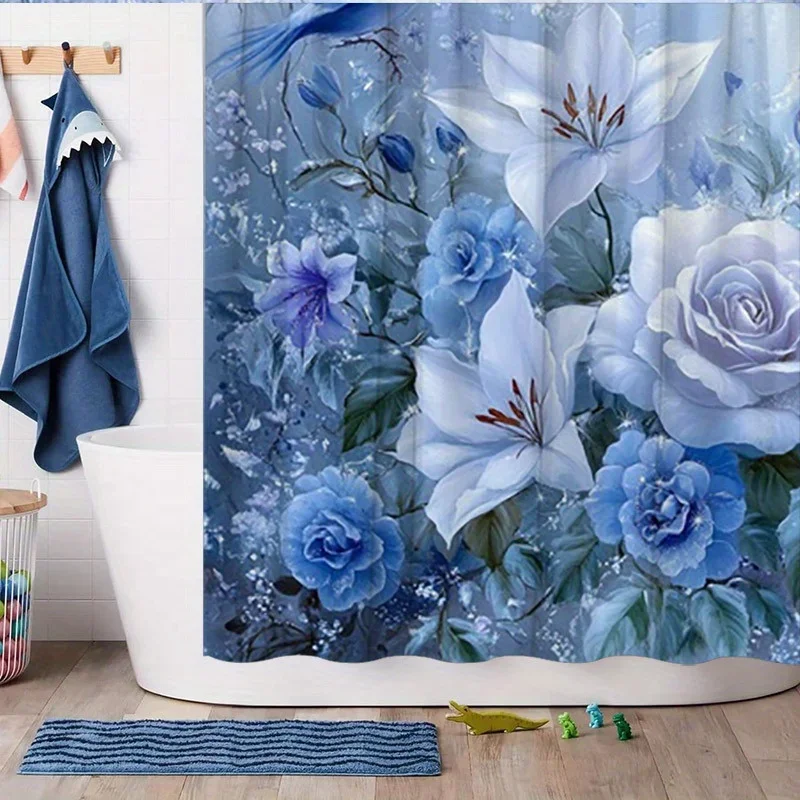 ~O~1pc Blue Birds & Lilies Shower Curtain - Forget-Me-Nots Design, Polyester, 70.8x70.8