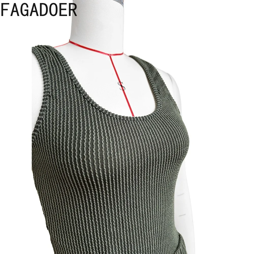 FAGADOER Summer Solid Color Ribber Bodysuits Two Piece Sets Women Round Neck Sleeveless Slim Top And Mini Pocket Skirts Outfits