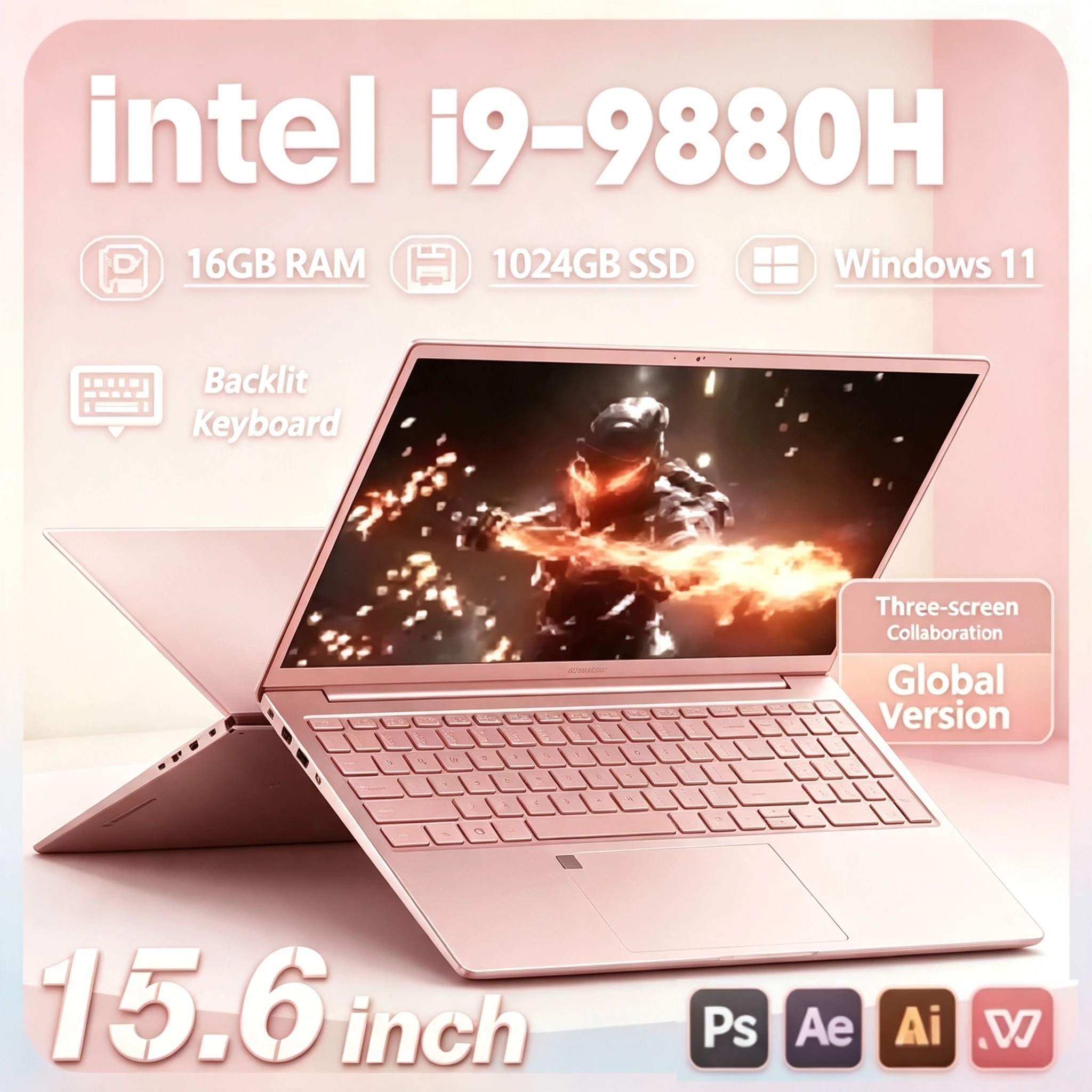 Gaming Laptop Intel Core i9 9880H 15.6Inch 32GB RAM 2TB SSD Windows 11 1920x1080 FHD Ultra Slim Notebook for Office Study
