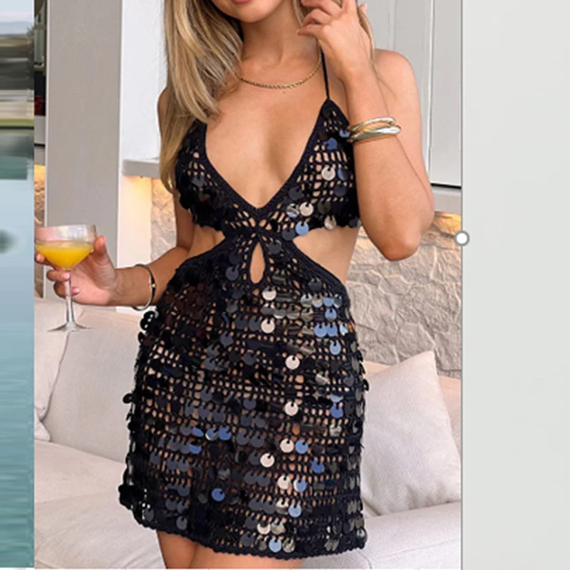 موضة لامعة الترتر الجوف التفاف الورك فستان أنيق الجوف عارية الذراعين سليم فستان قصير المرأة مثير الرسن المنخفضة قطع نادي فستان الحفلات