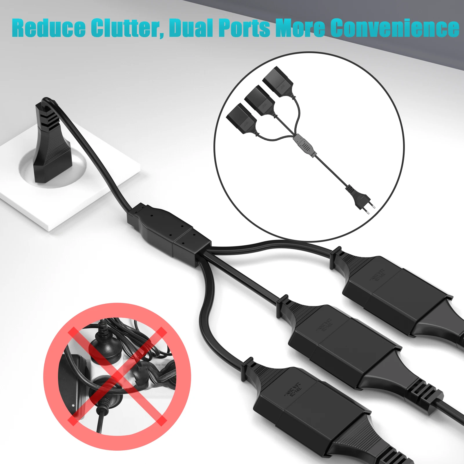 1 to 3 Power Cord EU Male Plug To Female Socket Power Extension Cable, 3-Way Outlets Euro Type C Plug for TV PC Monitor