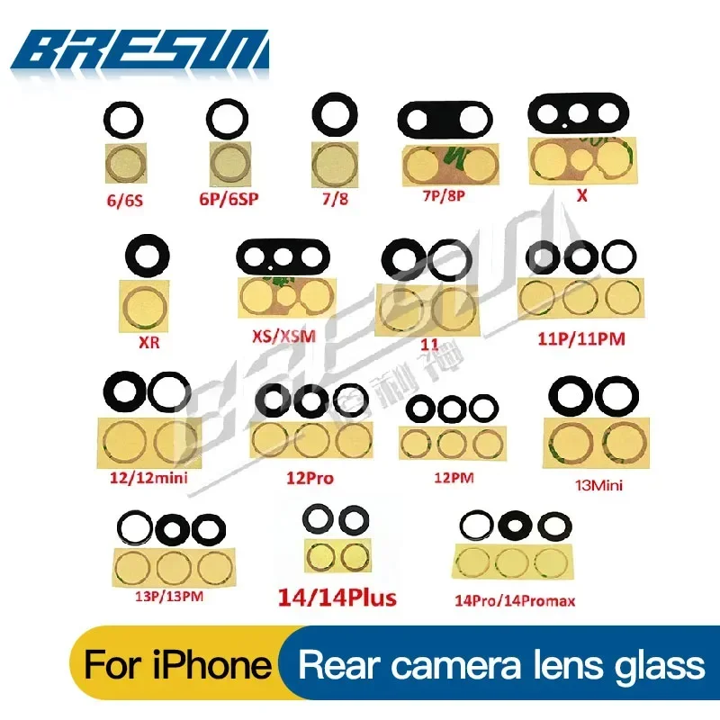 New 10 set Rear Back Camera Lens For iPhone 7 8 Plus X XS Max XR 11 Pro 12 13 14 15Max Glass Cover with 3M Sticker Adhesive Part