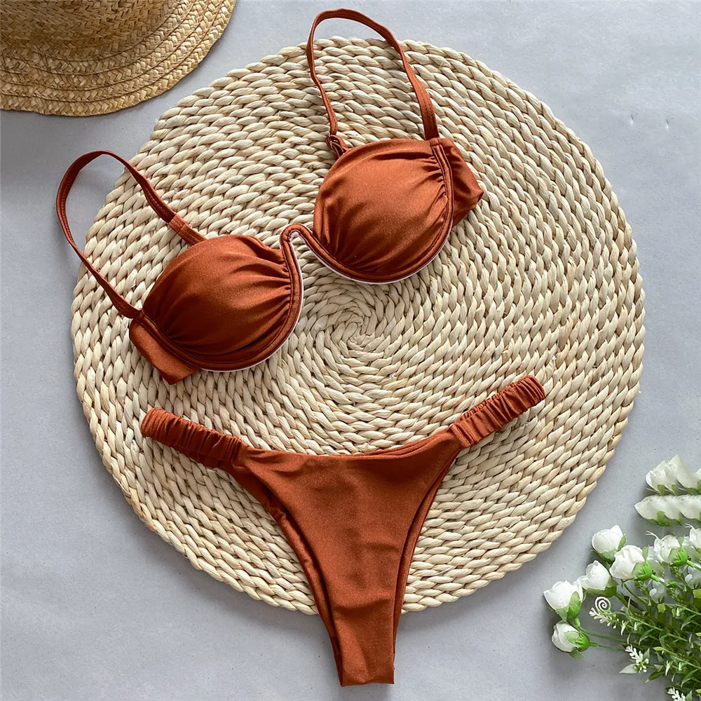 Sexy Brown Micro Push Up Bikinis Set for Women Mini Thong Swimsuits Underwired Swimwear Brazilian Bathing Suit Bikini Mujer 2024