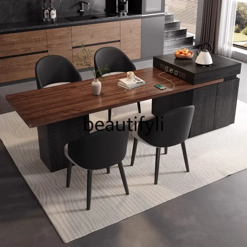 

Black walnut island dining table integrated retractable household multi-functional dining table combination