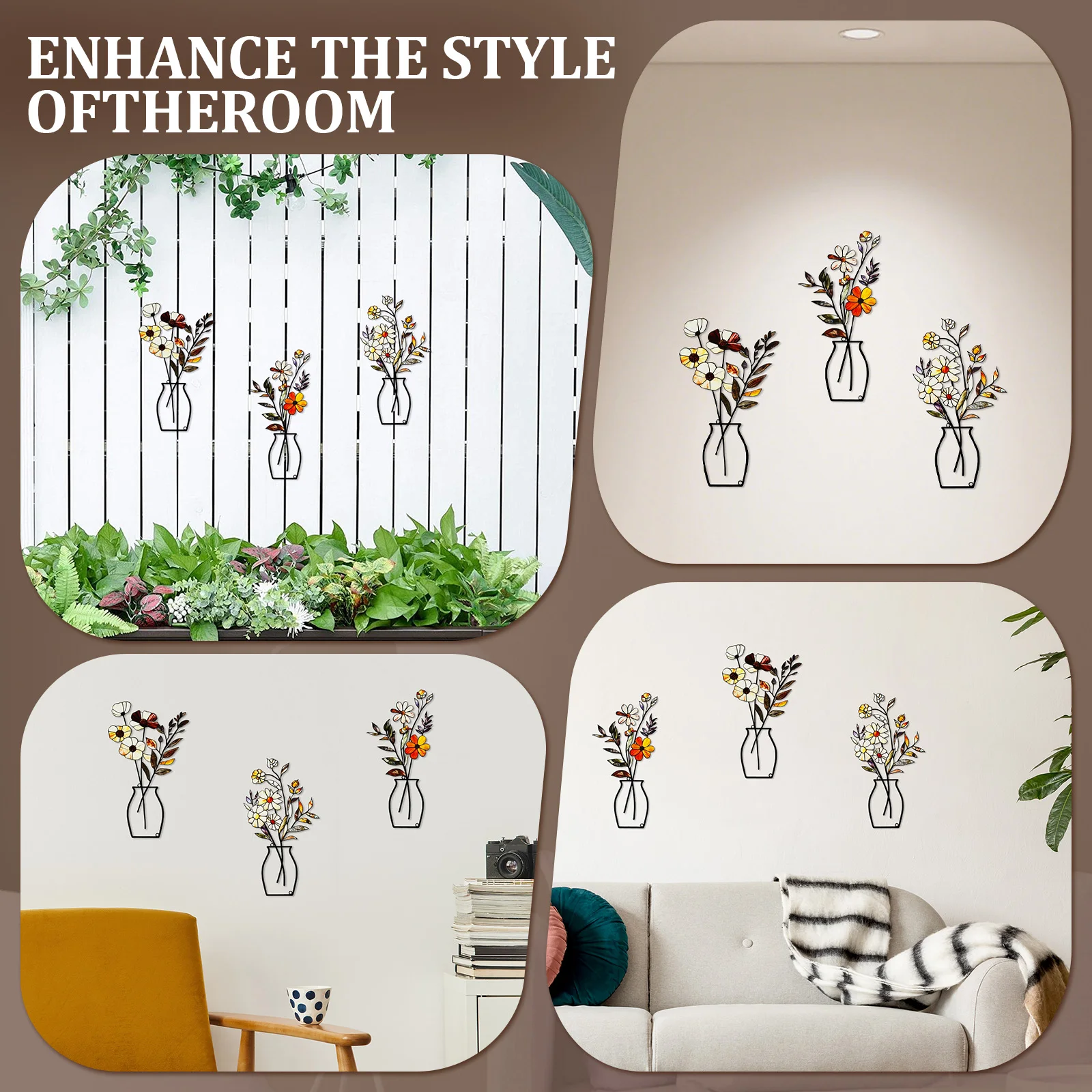 3개 세트 금속 꽃병 벽 장식 - 소박한 농가 스타일 장식 미니멀리스트 꽃 벽 펜던트 거실 침실 집들이 선물