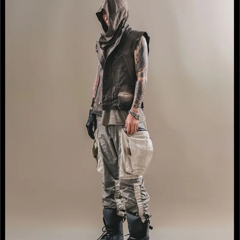 Techwear Style Large Pocket Wasteland Distressed Pleated Accumulation Ankle Banded Working Pants Niche Designers Wear Men's