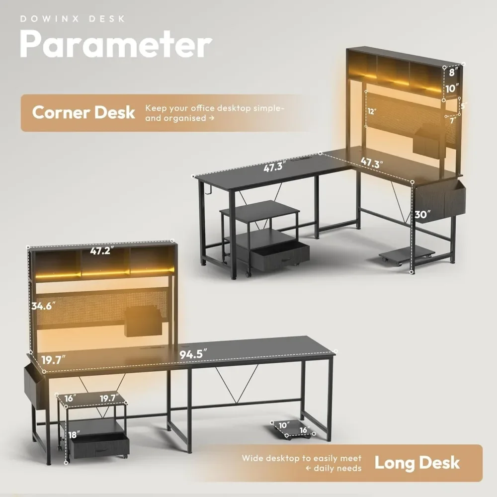 L Shaped Desk with Pegboard and Removable Filing Cabinet, Reversible 67” Computer Gaming Desk with Power Outlet and Led