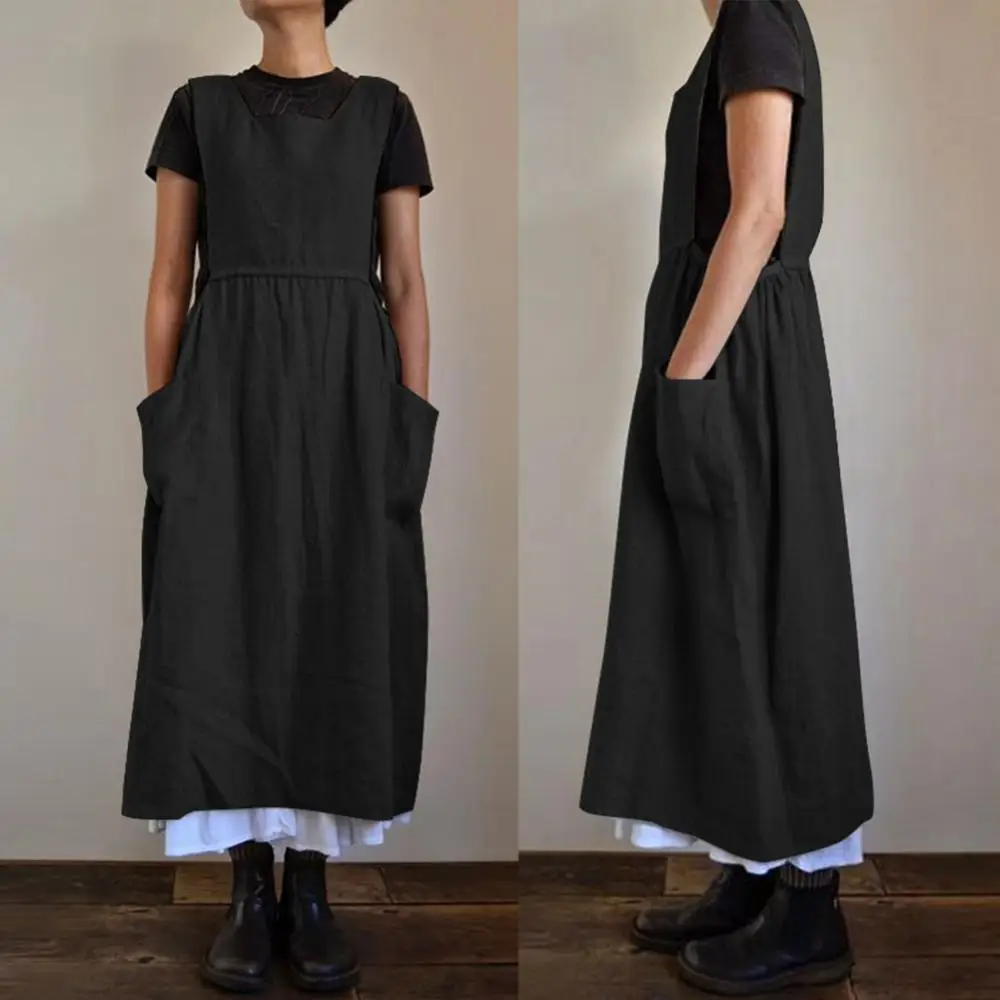 Kobiety Sunmmer sukienka bez rękawów z kwadratowym dekoltem kobiety kieszenie bawełniane lniane fartuch długa sukienka sukienka bezrękawnik Vestidos