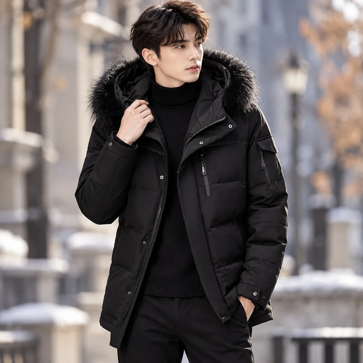 Style Hooded Jacket Short Length Casual with Windproof Wrinkle Finish Zipper Closure Thickened Regular Length Winter for Men