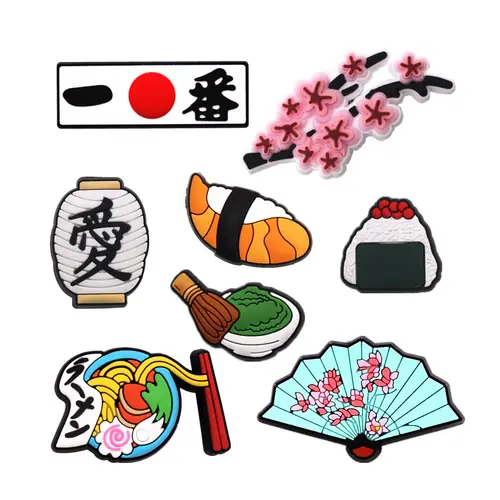 Imagen 1 del producto 1 Uds. Amuletos originales de PVC de estilo japonés para zapatos, sandalias de diseño Sashimi, accesorios de decoración superior, hebilla de broche de zueco de abanico Sakura