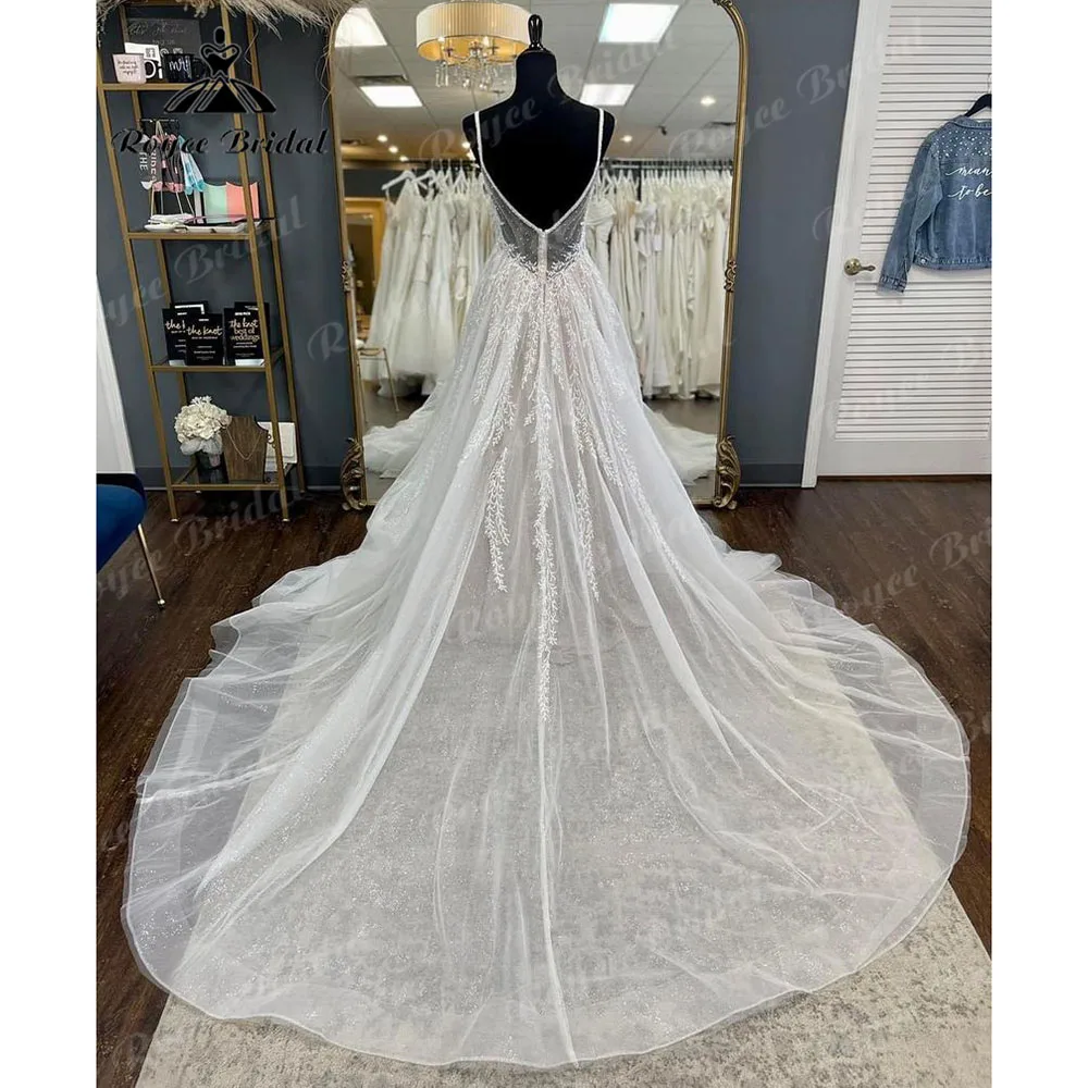 Roycebridal 2023 الدانتيل زين الدانتيل بريق لامع السباغيتي الأشرطة فستان الزفاف للنساء مخصص قطار المحكمة عارية الذراعين