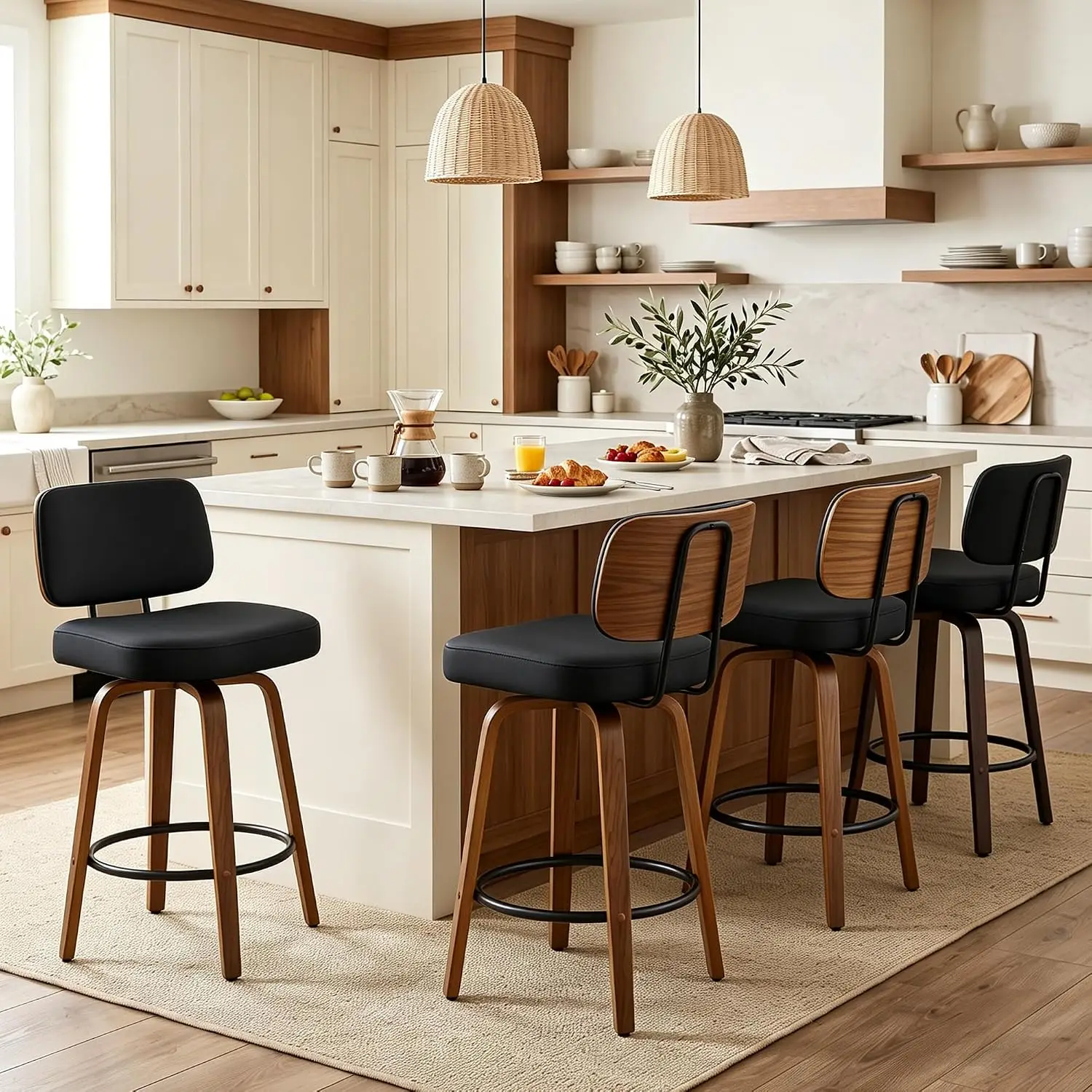 Counter Height Bar Stools Set of 4, 26+inch Swivel Faux Leather Barstool with Back, Upholstered Mid-Century Modern, Customized