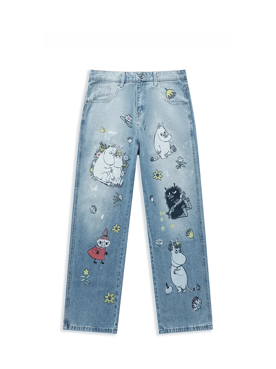 Calças Jeans Estilo Americano com Estampa de Desenho Animado, Corte Reto, Ajuste Solto, Novidade de Verão, Calças Longas Casuais para Homens e Mulhere