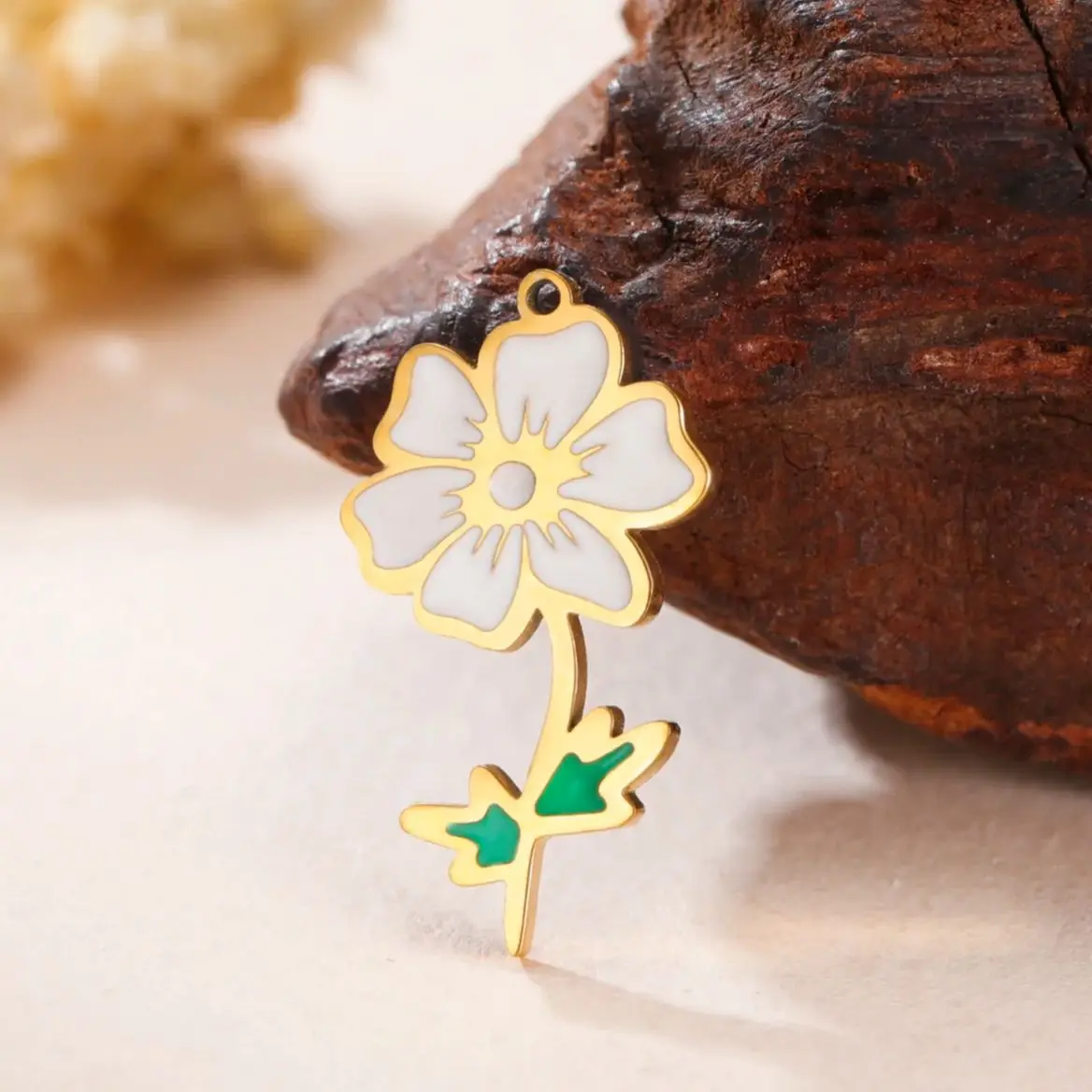 

Stainless Steel 12 Birth Month Flower Charm for Jewelry Making White Green Enamel Pendant DIY Accessories for Necklace Bracelet