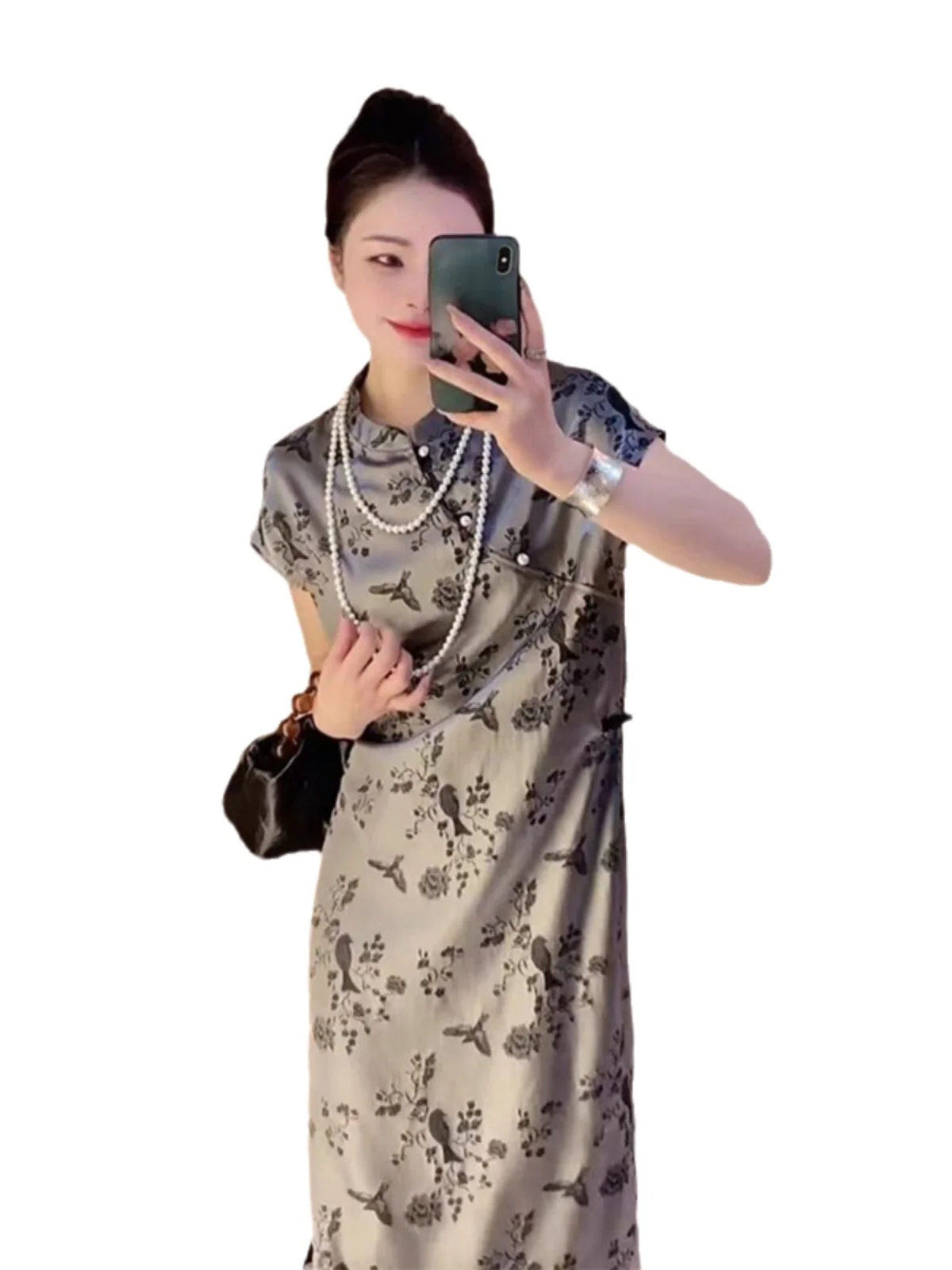 Ele verano ort Sve Dr mujer cintura alta estampado nuevo chino Sle Retro alta gama bandera bata falda