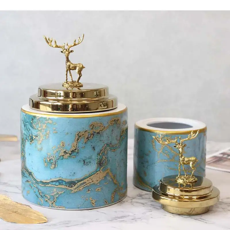 Gilded Marble Texture Storage Jars Decorative Deer Candy and Lids Ceramic Painted Jewelry Cosmetic Containers Home Decor