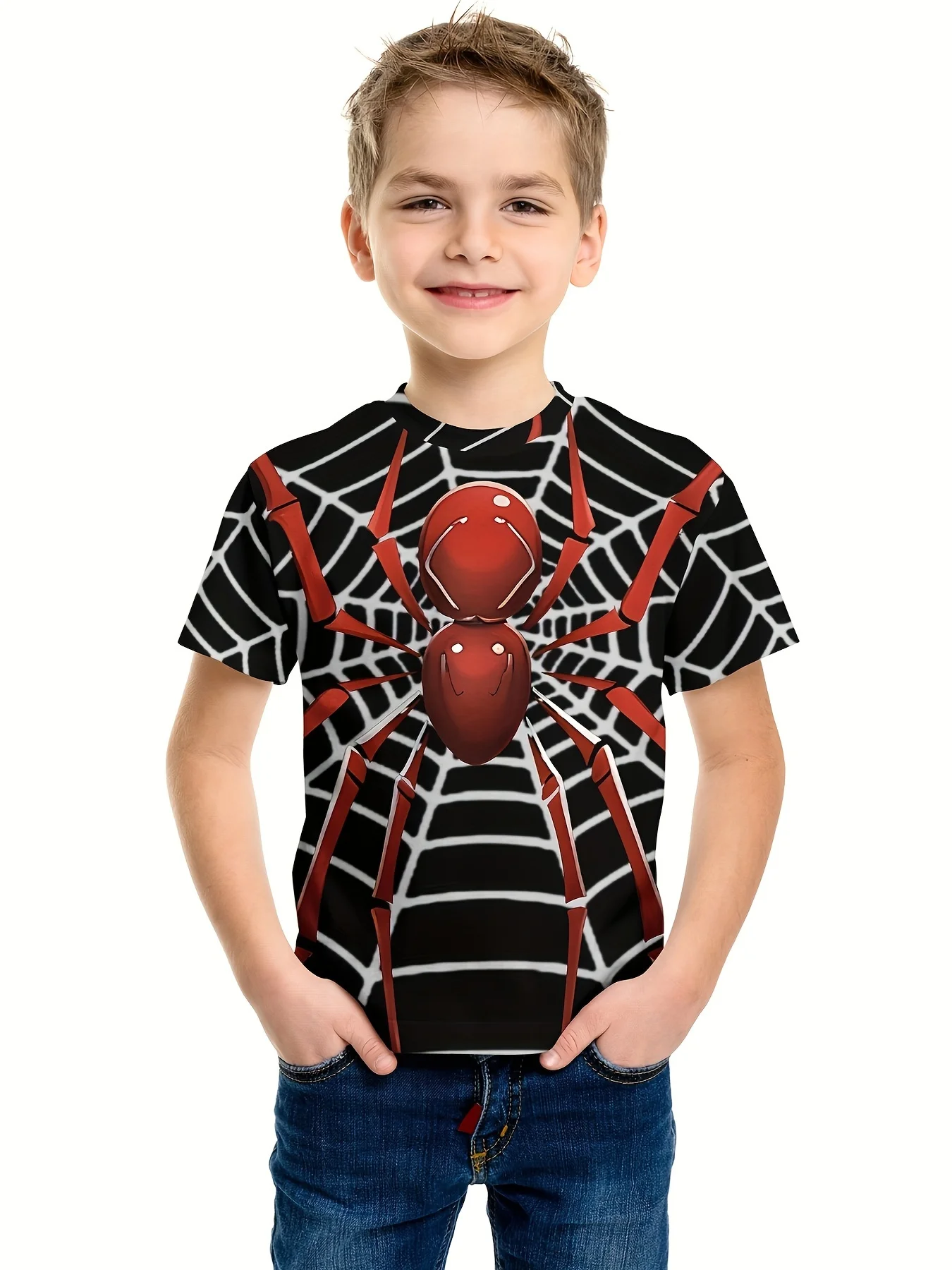 Camiseta transpirable con estampado de araña para niño, pijama con cuello redondo, Top informal de dibujos animados para uso diario, manga corta