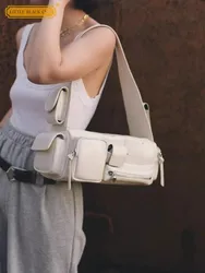 Designer Women Multi Pockets Flap Cowhide Genuine Leather Shoulder Bag Wide Strap Motorcycle Underarm Bag Causal Totes Handbag