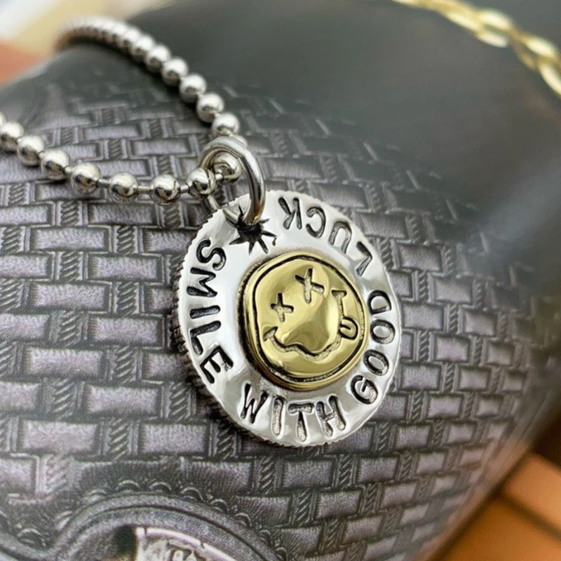 Silver New Trendy Smile Pendant for Men and Women Hip Hop Lucky Letter Round Brand Retro Jewelry