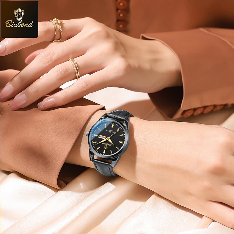 BINBOND แบรนด์ชั้นนําคลาสสิกควอตซ์นาฬิกาสําหรับสตรีส่องสว่างสายหนังกันน้ําปฏิทินนาฬิกากีฬาธุรกิจนาฬิกาสตรี