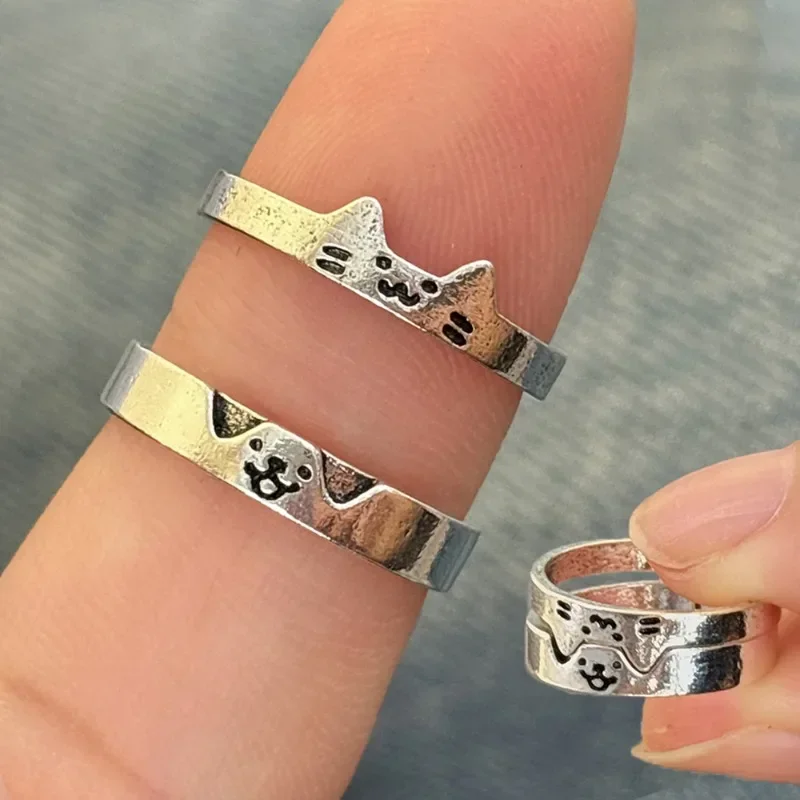 1/2Pcs Cartoon Dog Cat Couple Rings Women Men Cute Animal Finger Rings Simple Design Adjustable Lover Friendship Fashion Jewelry