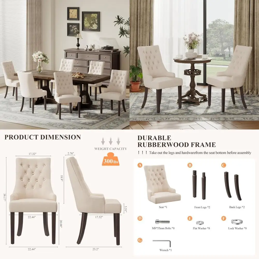 

Set of 2 Upholstered Dining Chairs with Button Tufting, Wingback Style, Beige