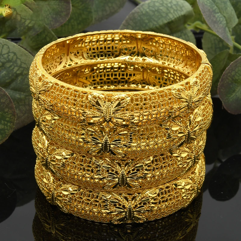 Ethiopian Gold Plated Bangles For Women African Hard Bracelets Dubai Hollow Charm Indian Arabic Hand Jewelry Wedding Gifts