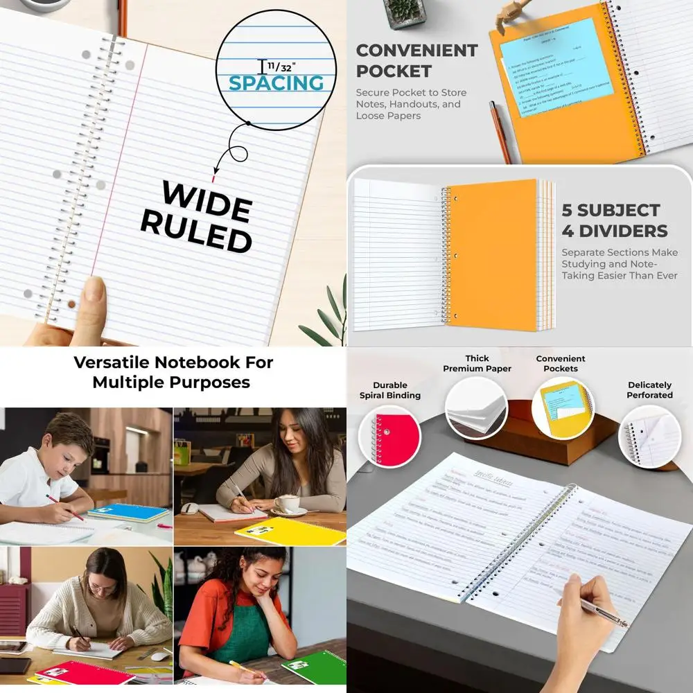 

Набор из 24 тетрадей на спирали для 5 предметов, 300 страниц, широкая разлиновка, 8 x 10,5 дюймов, мягкая обложка, разные цвета