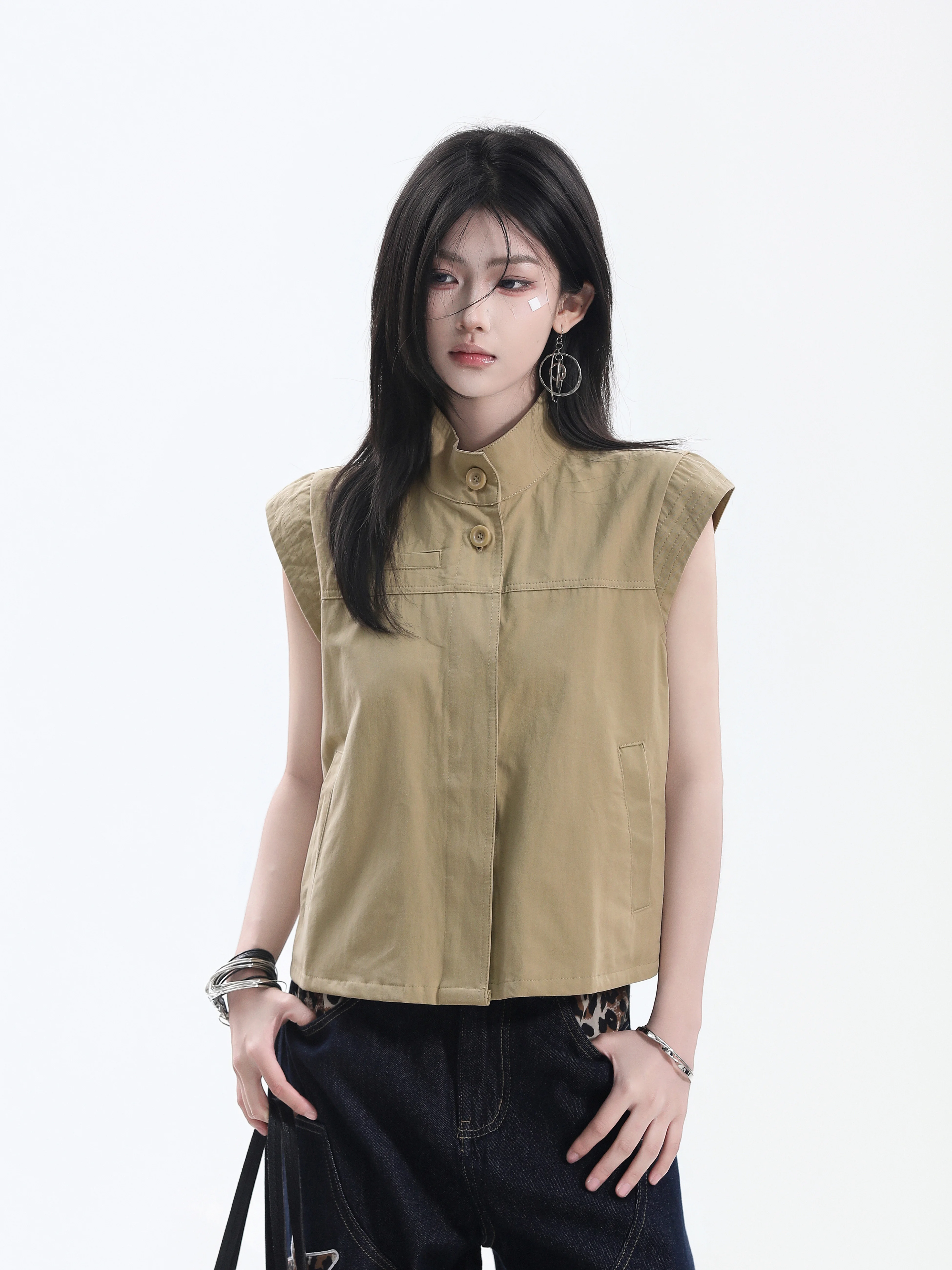 Loose Short Sleeveless Ins Style Women's Vest Cotton Stand Collar Workwear Jacket Summer Fashion Ladies' Top Small Ball Ball