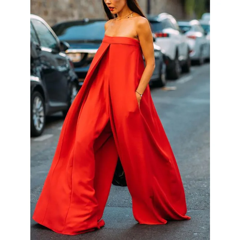 

Женский комбинезон Tinaa Urban Trendy красного цвета без бретелек, с открытыми плечами, карманами, без рукавов, с широкими штанинами, модель 2026, 180208