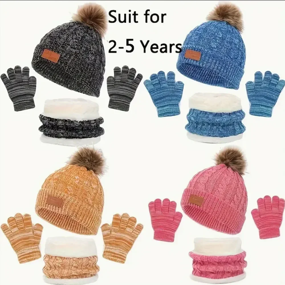 

3pcs/set Winter Children's Warm Plus Velvet Scarf Baby Knitted Hat Hat Gloves For 2-8 Y Best for Christmas Thanksgiving