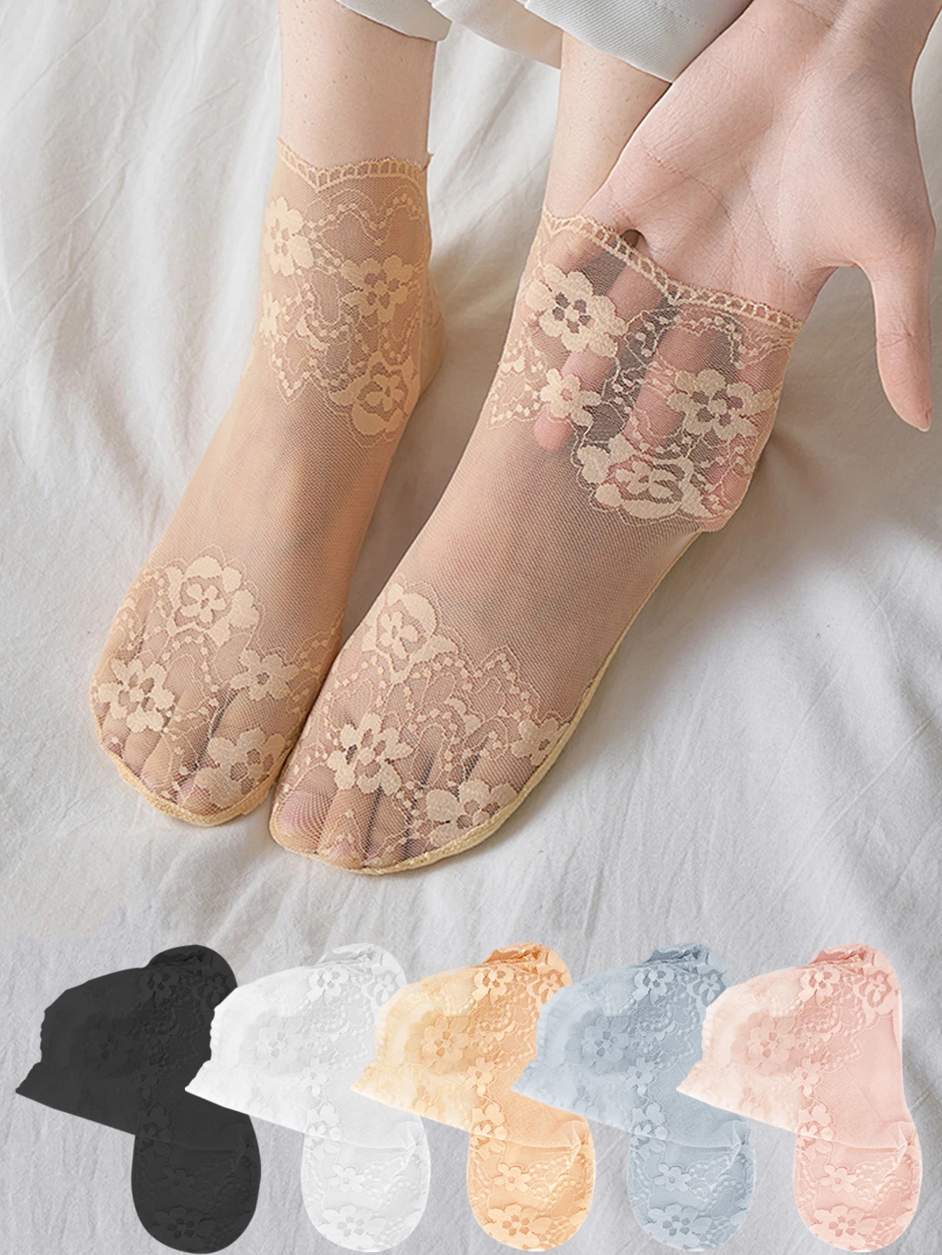 1/5 Pairs Fashion Flower Mesh Lace Socks Invisible Transparent Tulle Socks Breathable Non-slip Shallow Socks Women