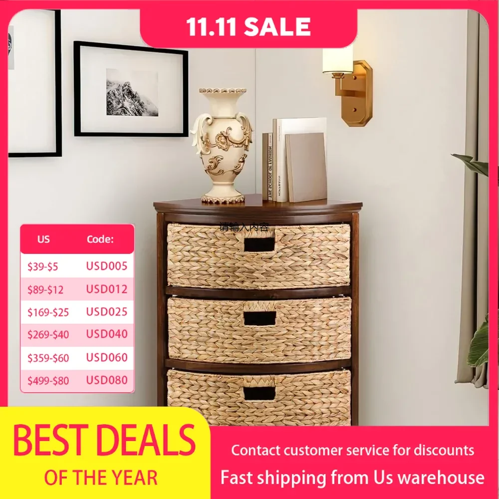 

Hampton Meadows 3 Tier X-Side Corner Table Storage Cabinet with 3 Wicker Baskets, Walnut，14 D x 14 W x 25.5 H inches