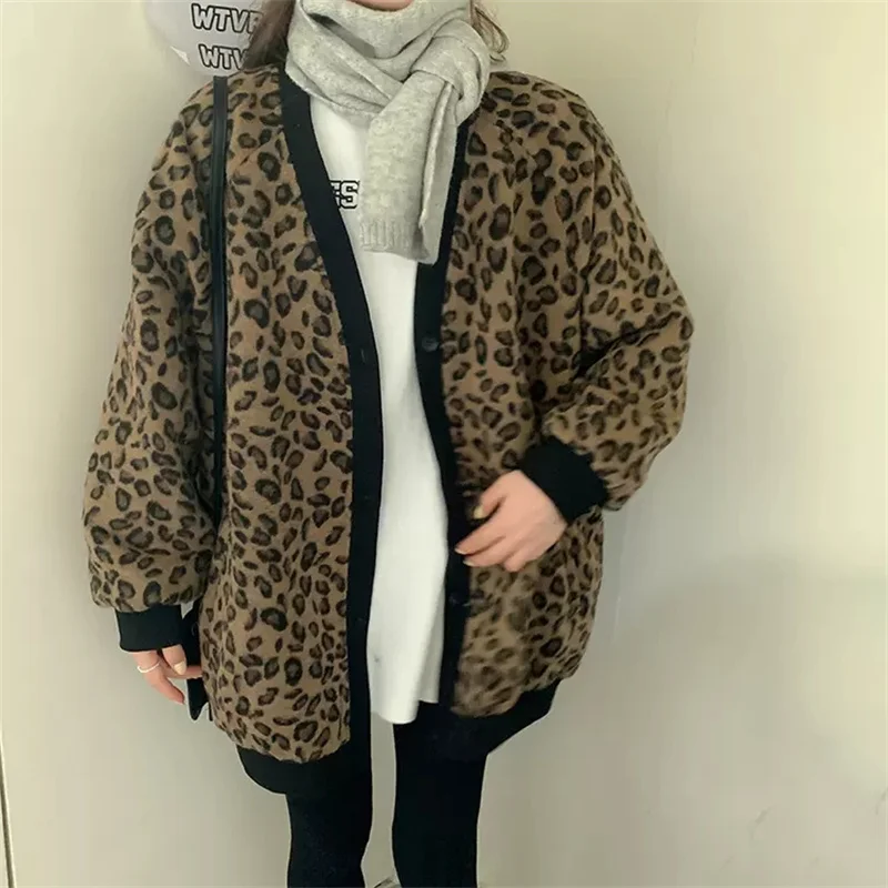 

Autumn Winter Versatile Leopard Print Cotton Coat Female 2022 New Korean Version Loose Versatile Thickened Thermal Knit Top ins