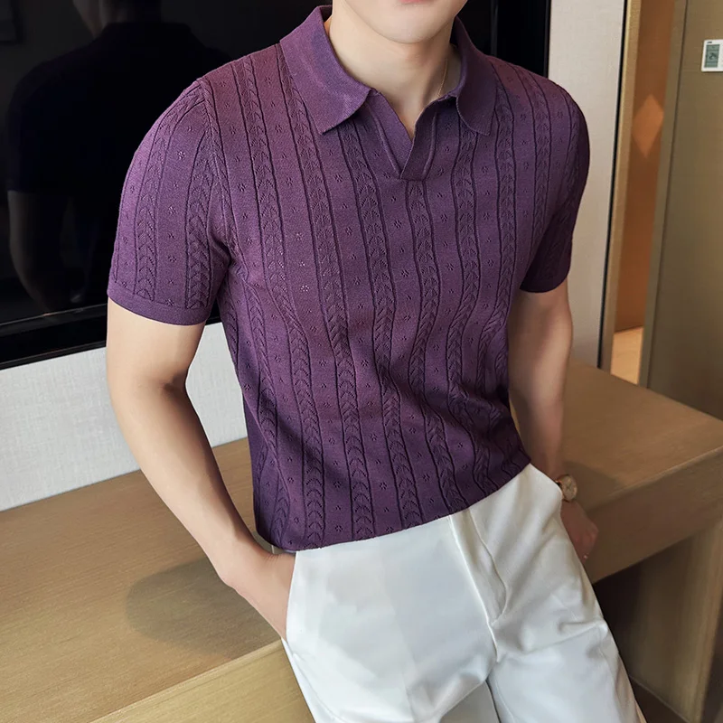 Summer V-neck Solid Color Polo Shirt Men Mesh Hollow Out Striped Jacquard Knitted Short Sleeve T-shirt For Mens Luxury Top 2024