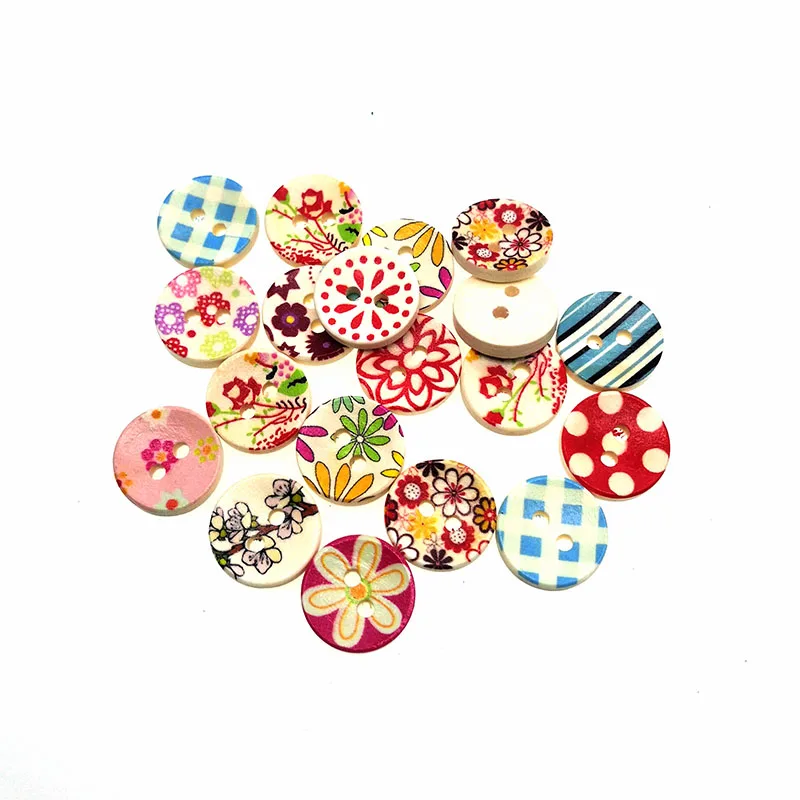 50PCs Wood Sewing Buttons Scrapbooking 2 Holes Flower Mixed Random 15mm Dia. Costura Botones Decorate bottoni botoes B20428