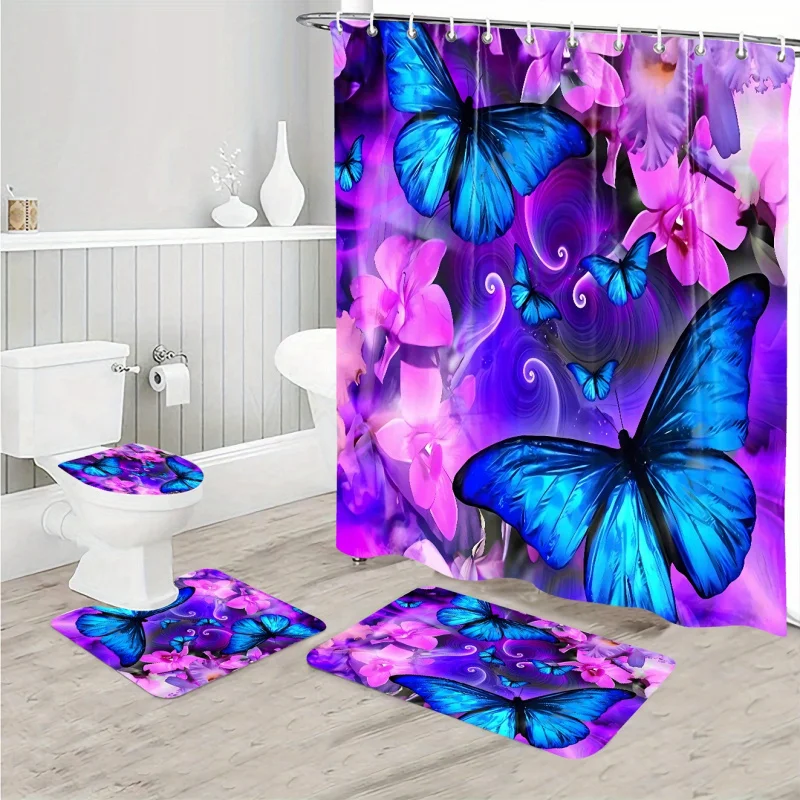 Vibrant Purple Butterfly Bathroom Set: Includes 180x180cm Shower Curtain, Lid Toilet Cover, Bath Mat, and Pedestal Rug with 12 H