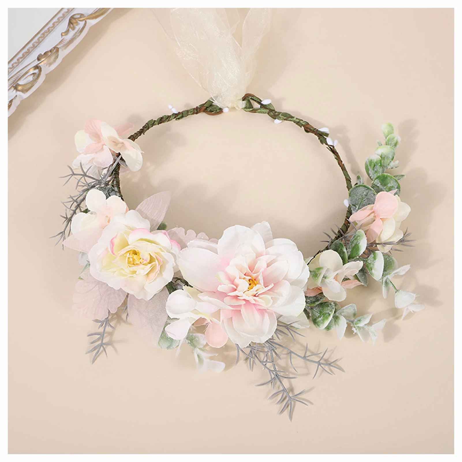 

Adjustable Artificial Flower Bride Headdress Lace-up Headwear with Luxurious Flowers for Bridesmaid Wedding Dating Shopping