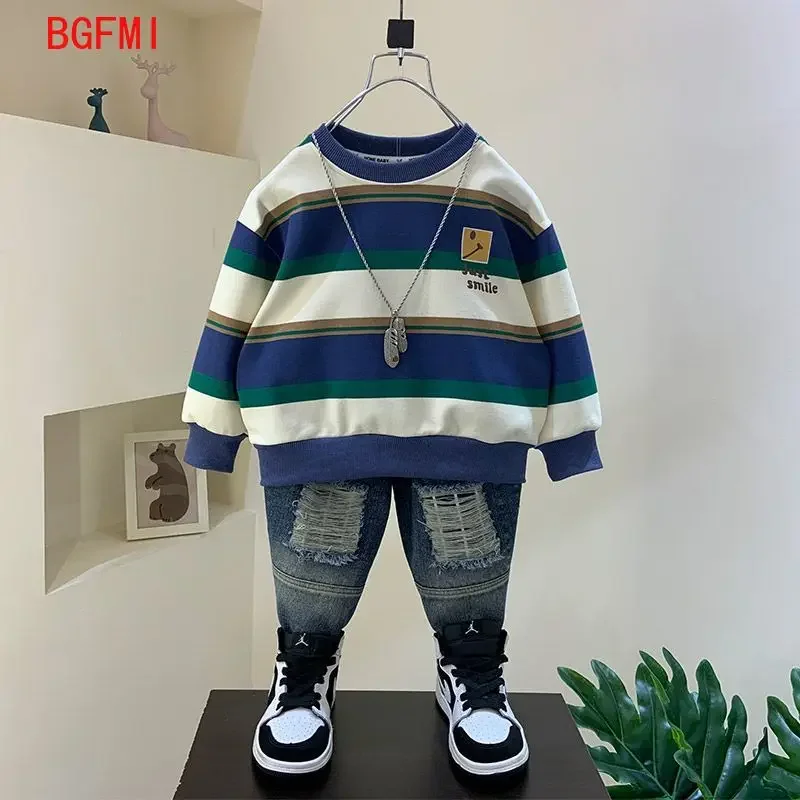 

Teenage Boys Autumn Set 2024 New Kid Boy Cool Handsome Sweater+Hole Jeans Full Set Children's Baby Fashion Two Piece Set Outfits