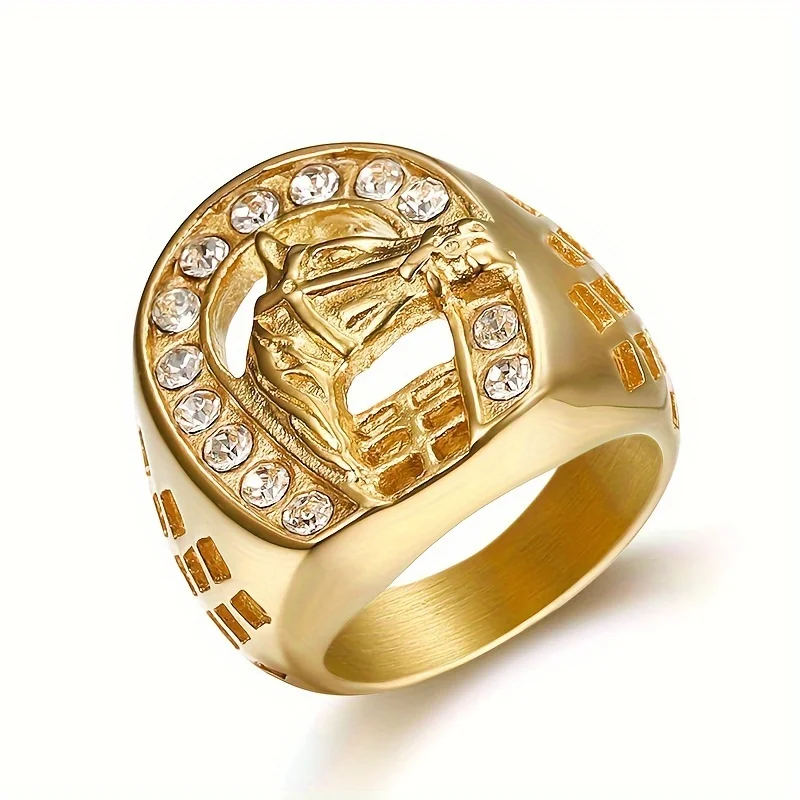1 Pcs Hip Hop Stainless Steel Gold Color Jockey Club Horseshoe Horse Ring with Rhinestone for Men Gift Jewelry