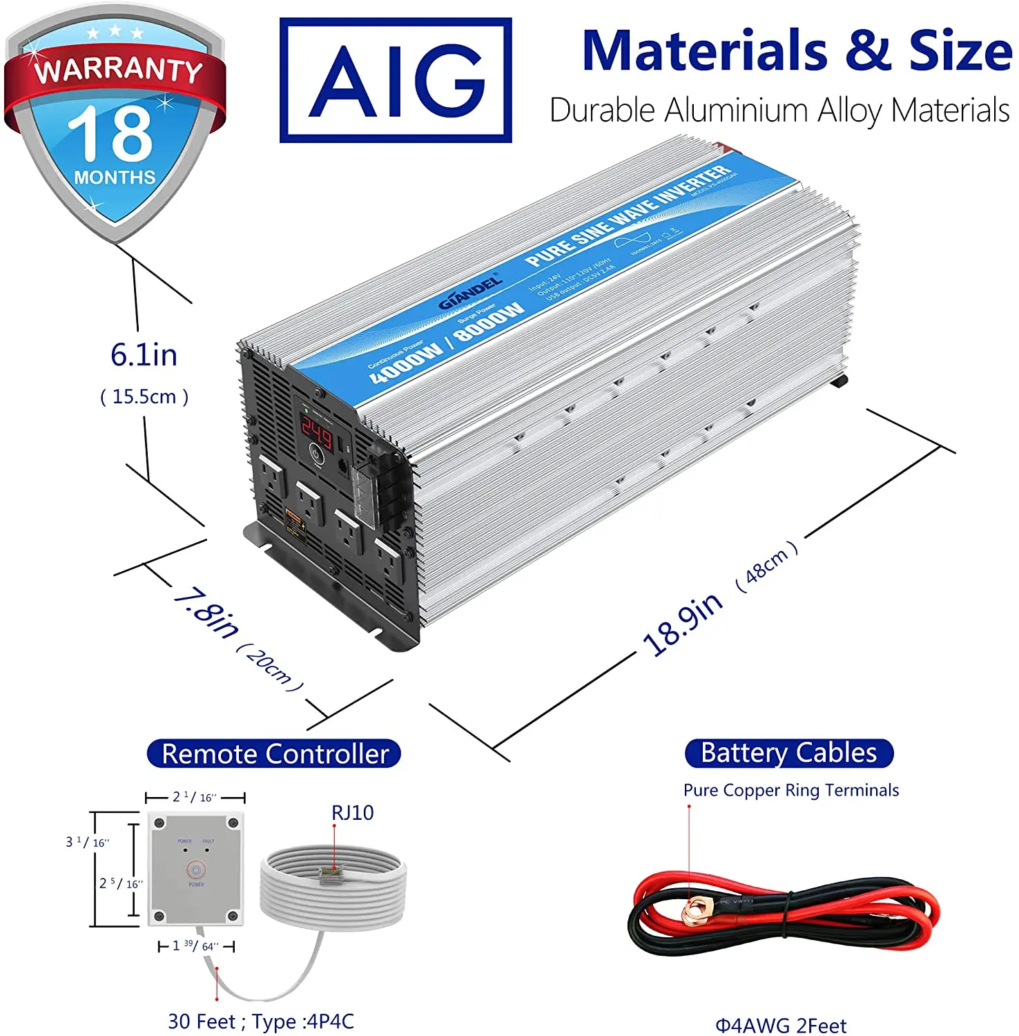 Giandel 4000w 24V zuivere sinusomvormer: 4000W echte sinusgolf