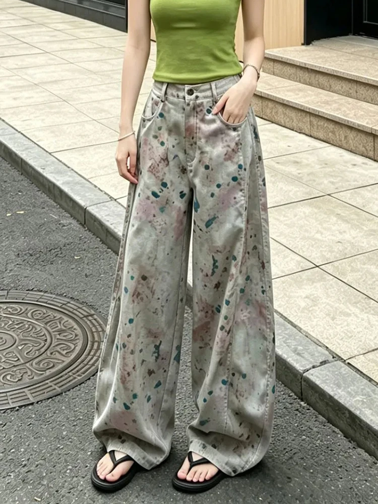 Y2K Streetwear Vintage Jeans Women Summer Ink Wash Blending Wide Leg Denim Pants Korean Hottie High Waist Loose Straight Trouser