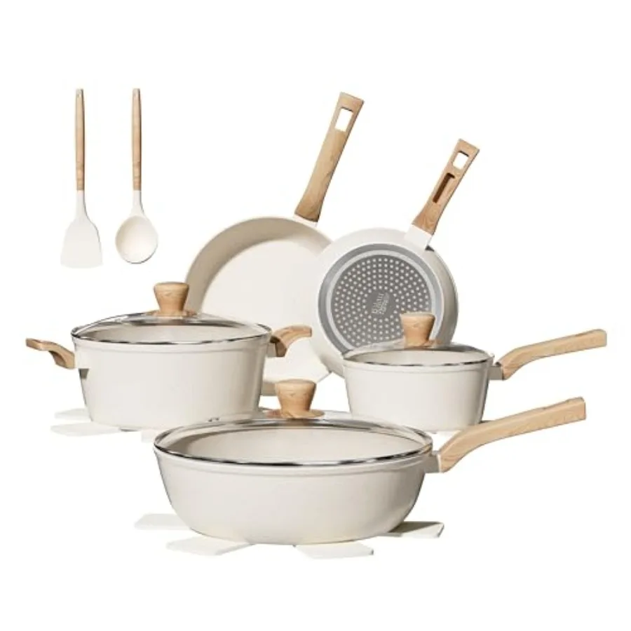 

14 Pcs Nonstick Cookware Set in White Granite Finish for Efficient Kitchen Cooking Includes Frying Pans Saucepans and Essential