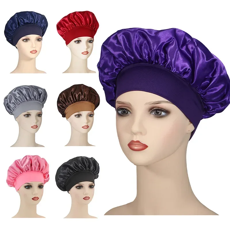 

Women's Sleeping Hat Satin Solid Wide-brimmed Unisex Hair Care Shower Bonnet Head Wrap Elastic Band Night Cap Hair Accessories