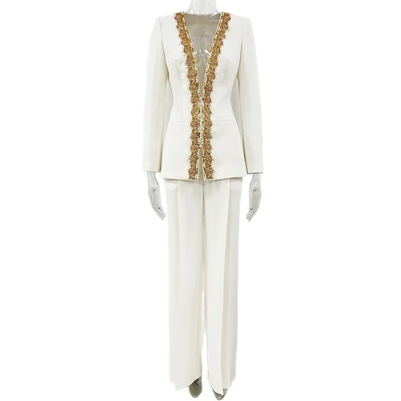 European American fashion heavy embroidery sequins beaded diamond jacket outfits 2PCS ropa mujer pant sets traf ensemble femme